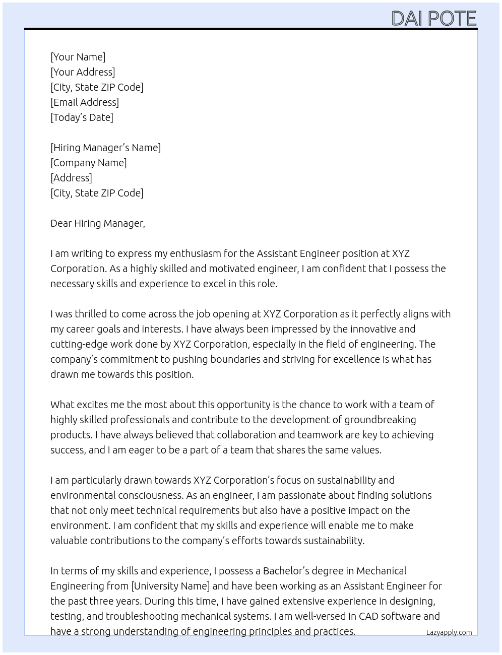 Assistant engineer At Xyz corporation Cover Letter