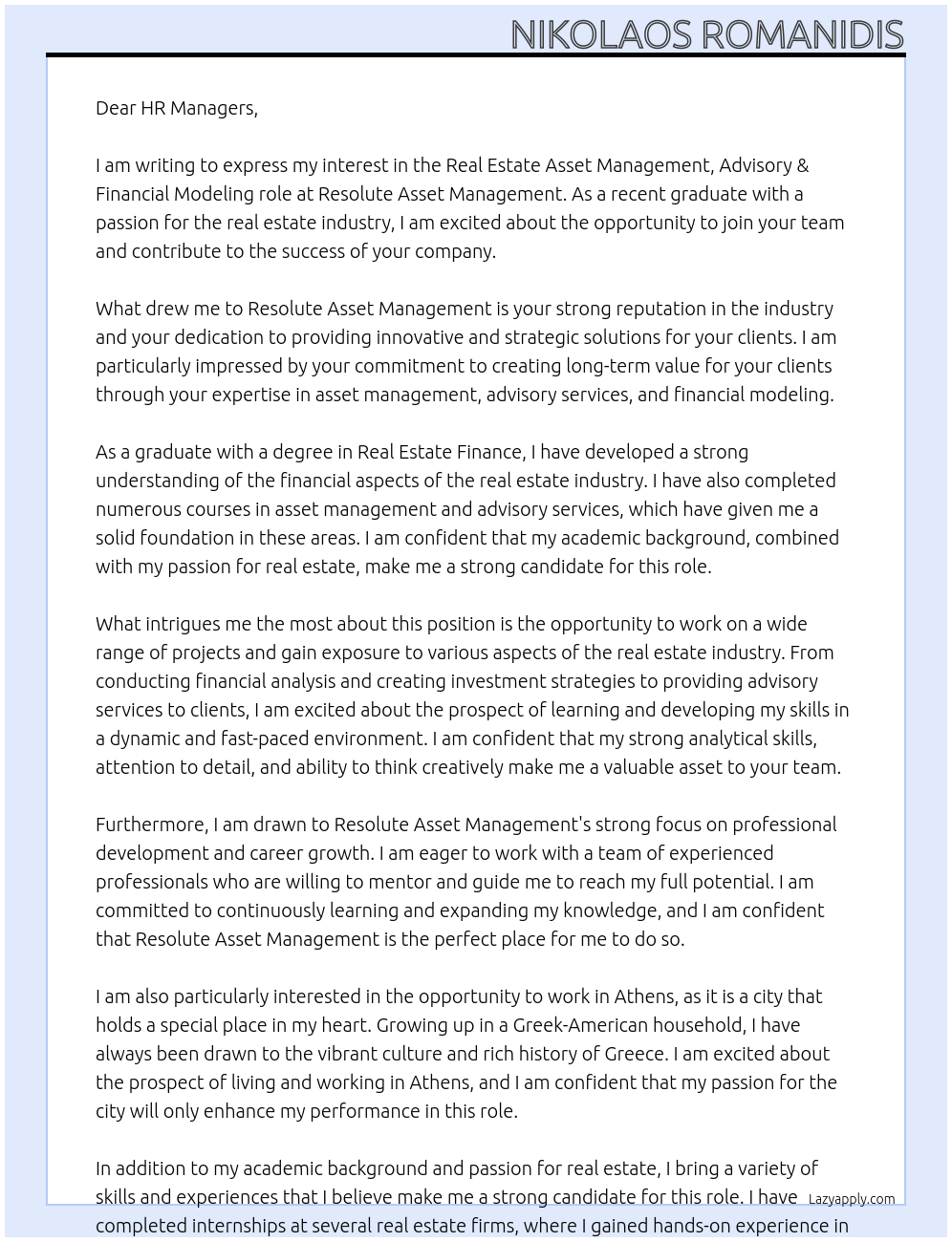Cover letter for real estate asset management, advisory & financial modeling - LazyApply