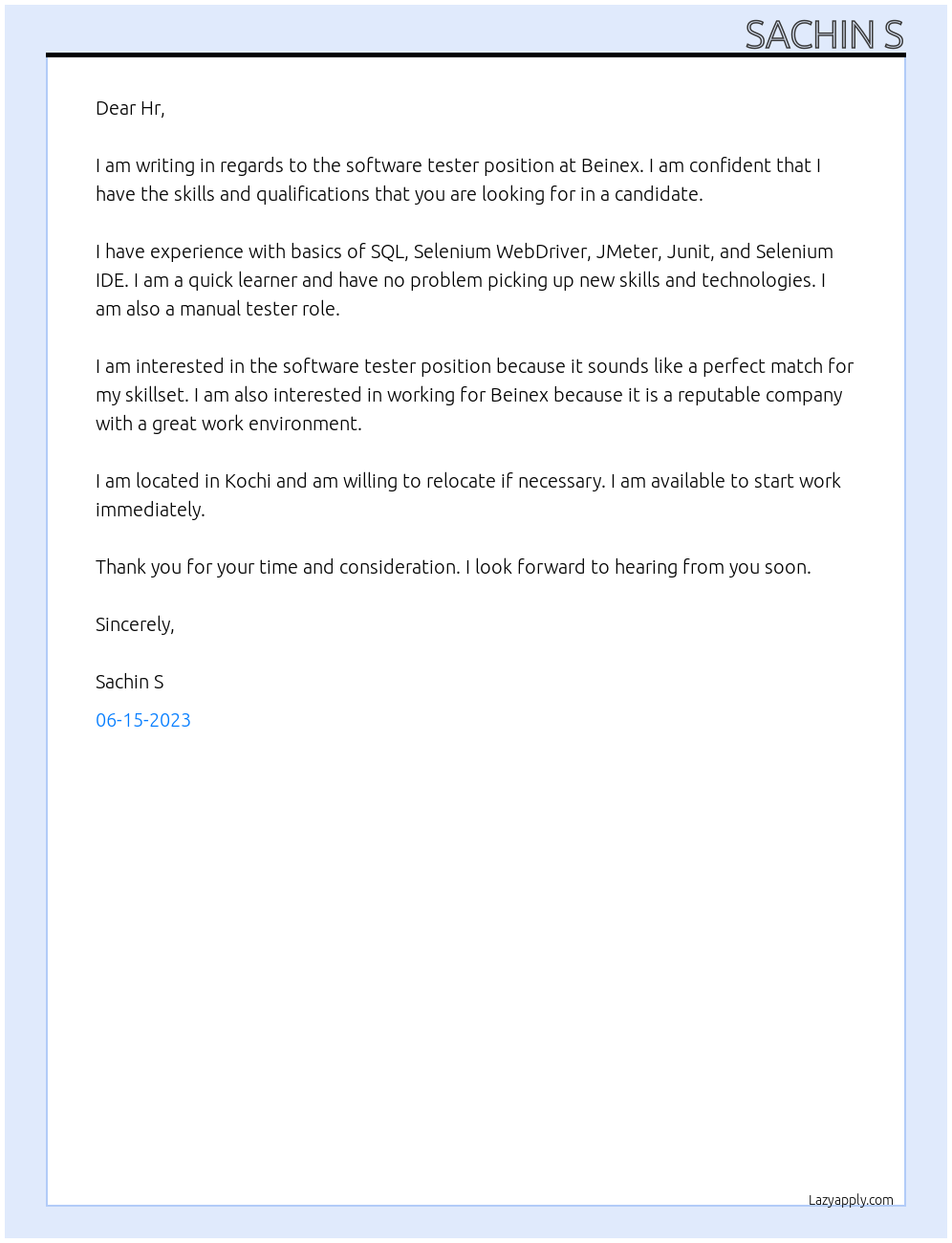 software tester At Beinex Cover Letter