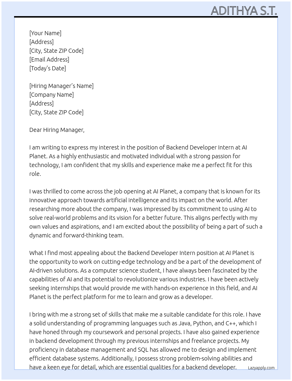 Backend Developer Intern At AI Planet Cover Letter