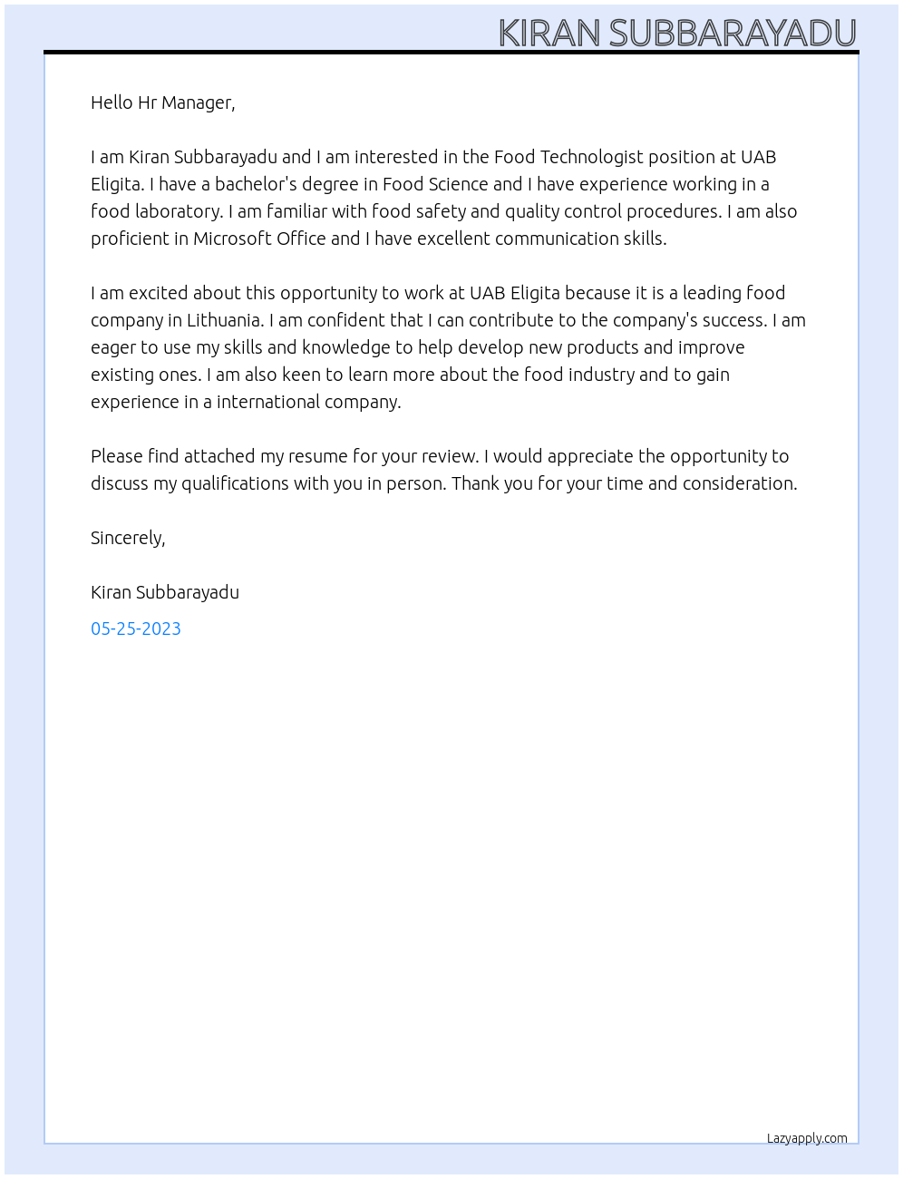 Food Technologist At UAB Eligita Cover Letter