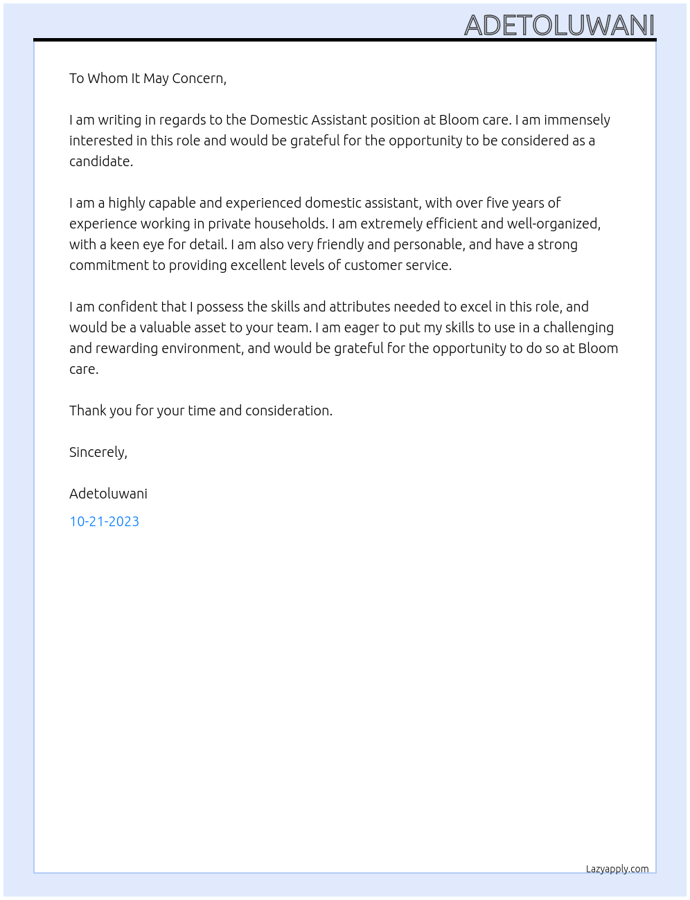 Domestic assistant At Bloom care Cover Letter