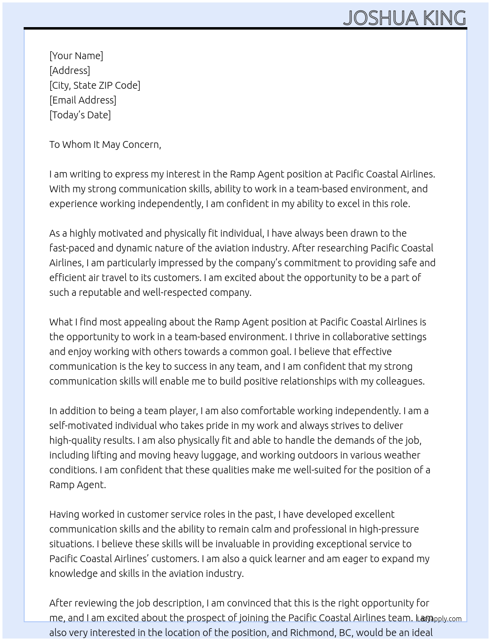 Ramp agent At Pacific Coastal Airlines Cover Letter