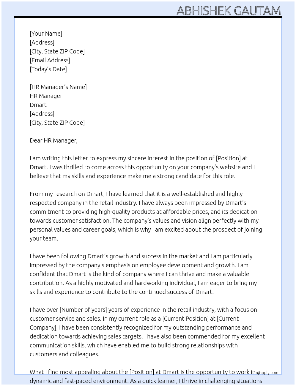 Cover letter for dmart - LazyApply