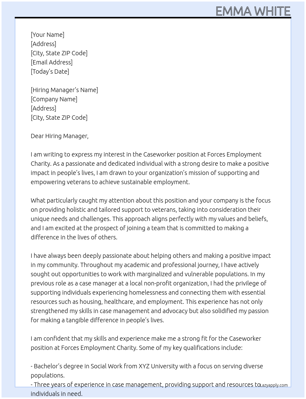 caseworker At Forces Employment Charity Cover Letter