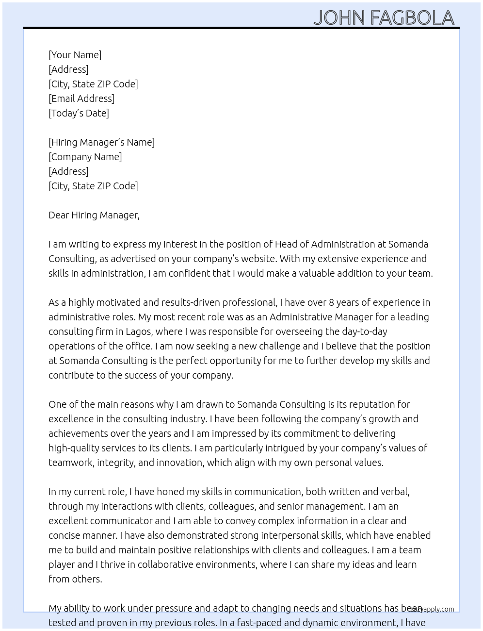 Head of administration At Somanda consulting  Cover Letter