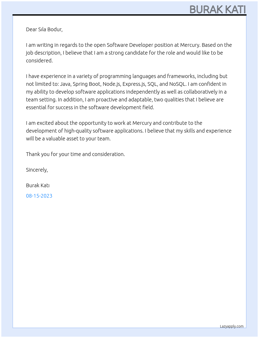 Software Developer At Mercury Cover Letter