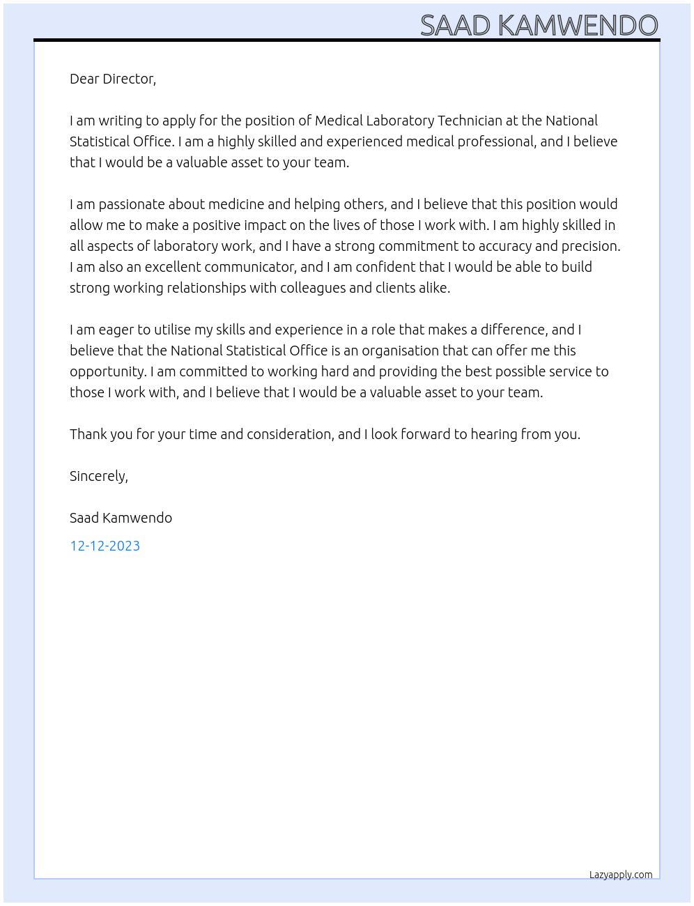 Medical laboratory technician  At National Statistical Office  Cover Letter