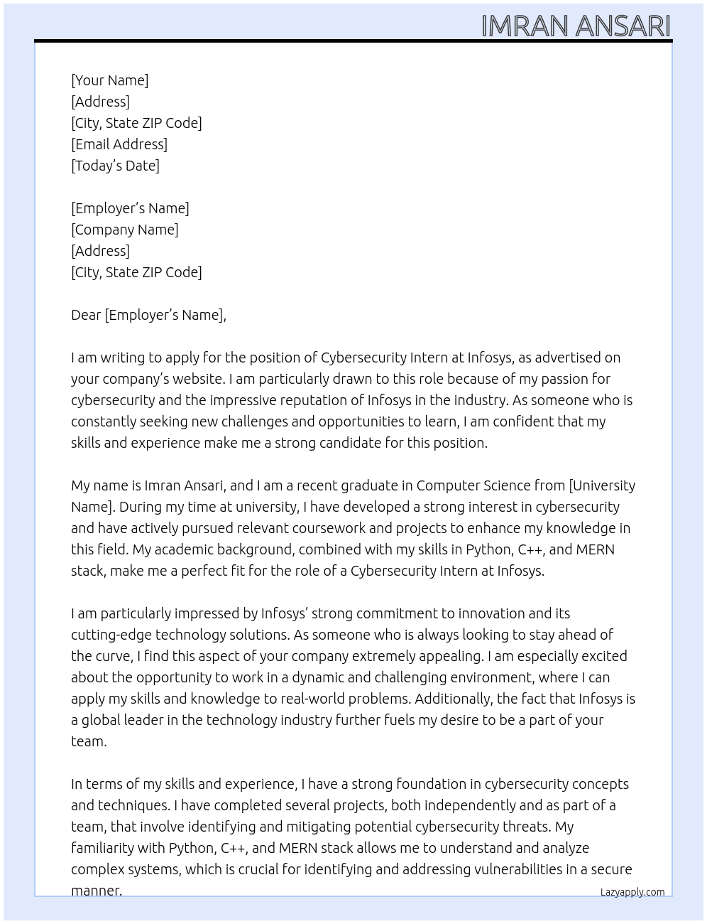 cybersecurity  At Infosys  Cover Letter