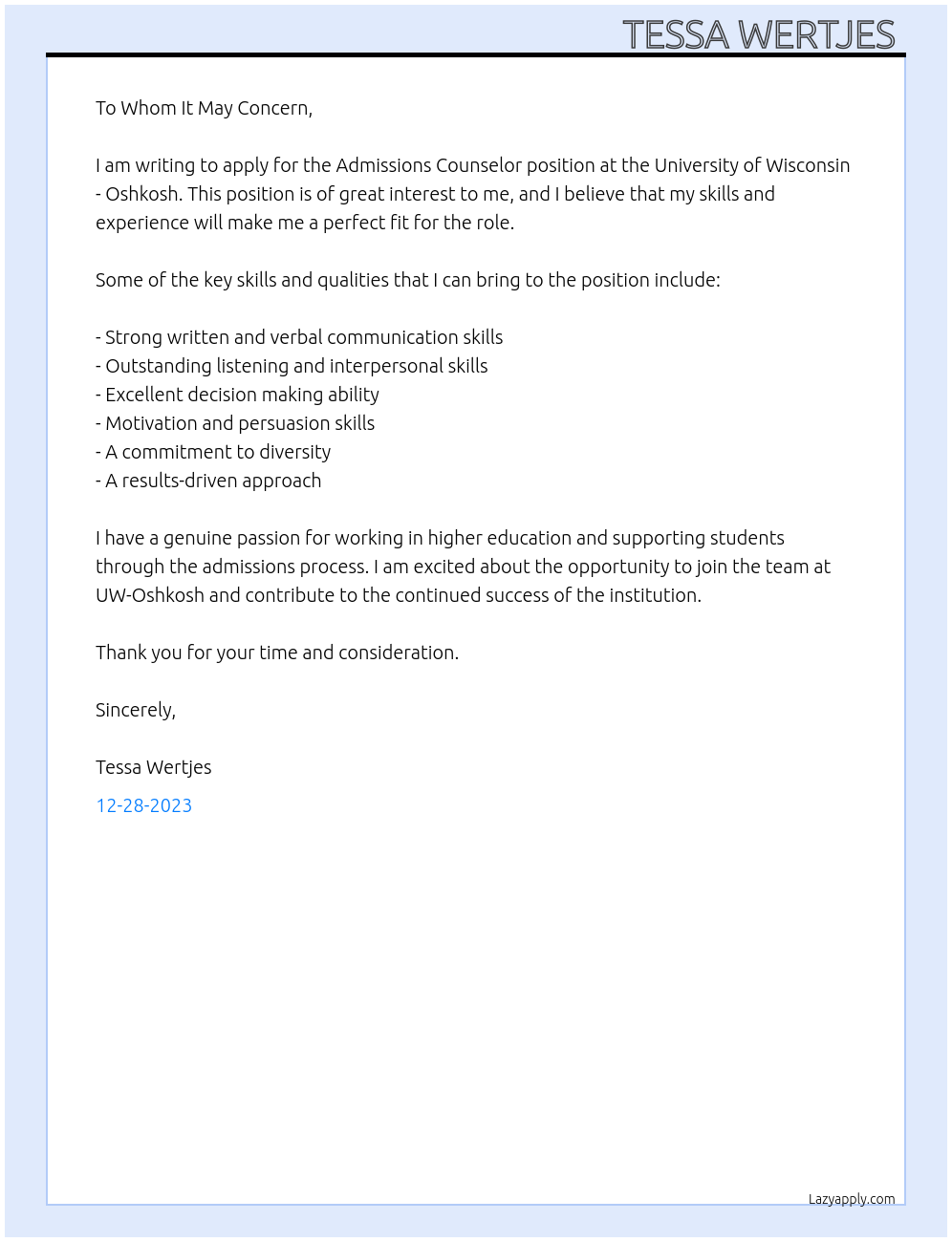 Admissions Counselor At University of Wisconsin - Oshkosh Cover Letter