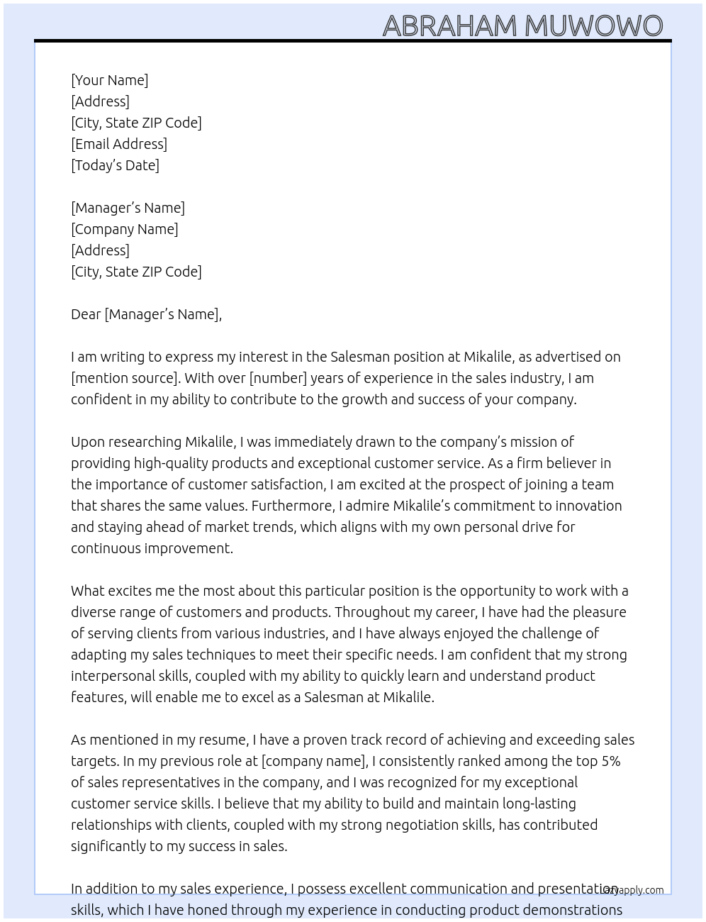 Sales man At Mikalile Cover Letter