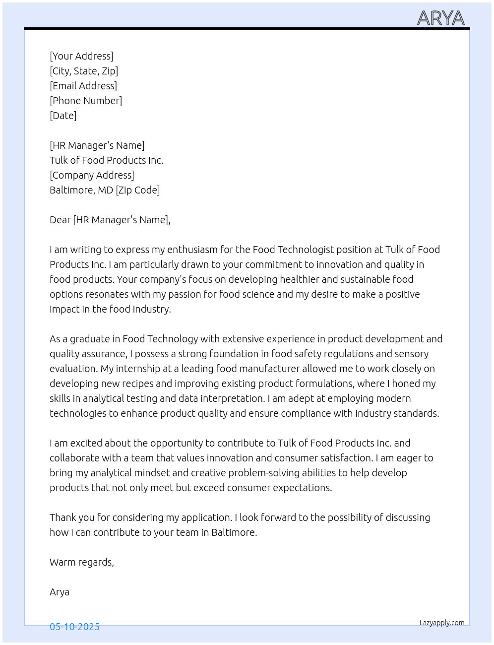 Food Technologist  At Tulk of Food Products  Inc Cover Letter