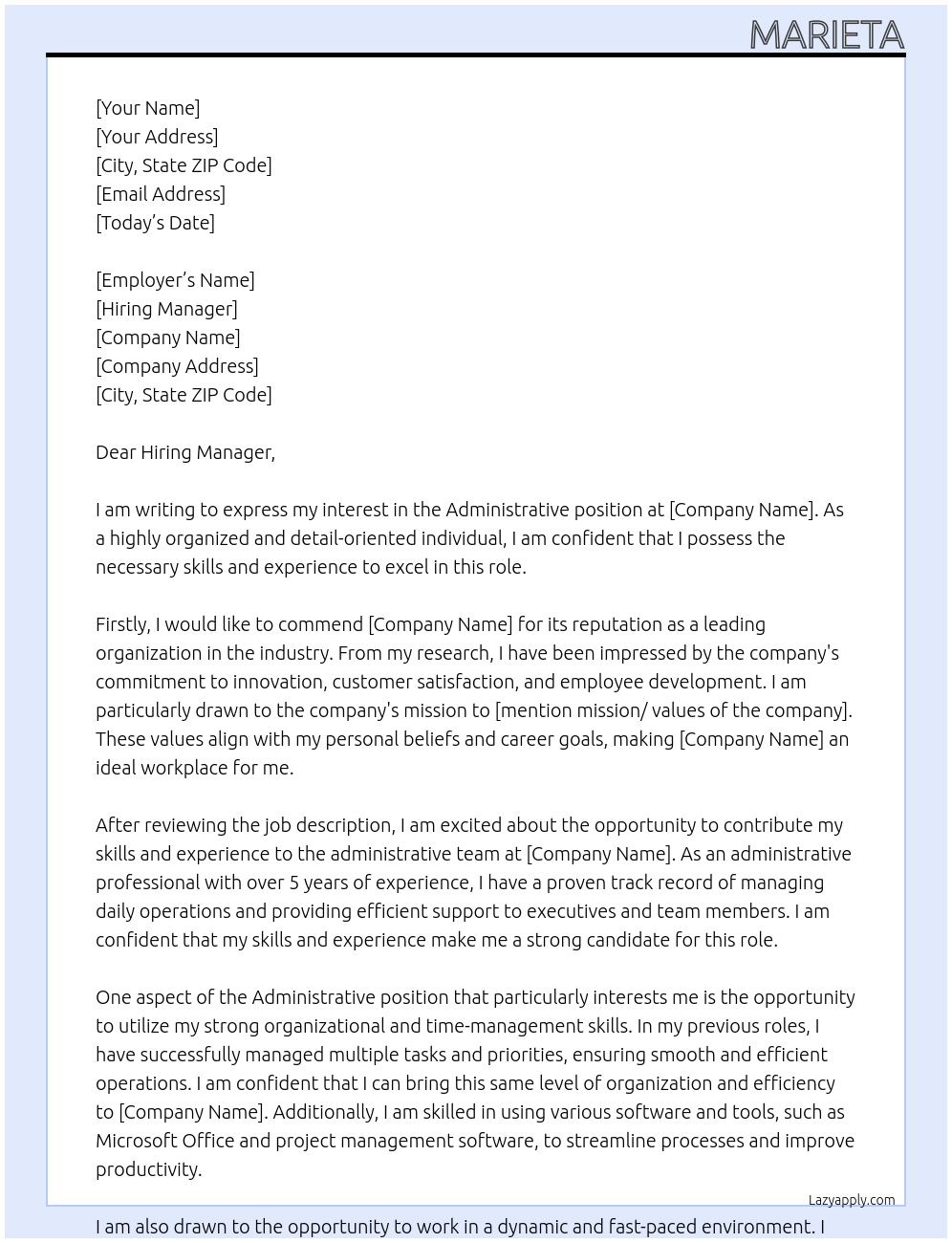 Administrative At Unknown Cover Letter