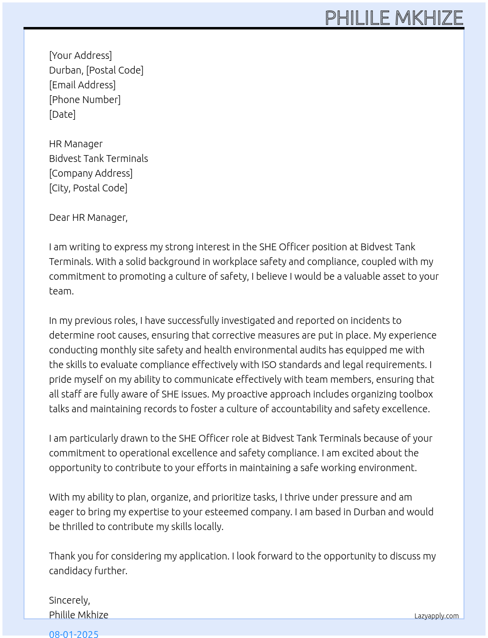 Cover letter for she officer - LazyApply
