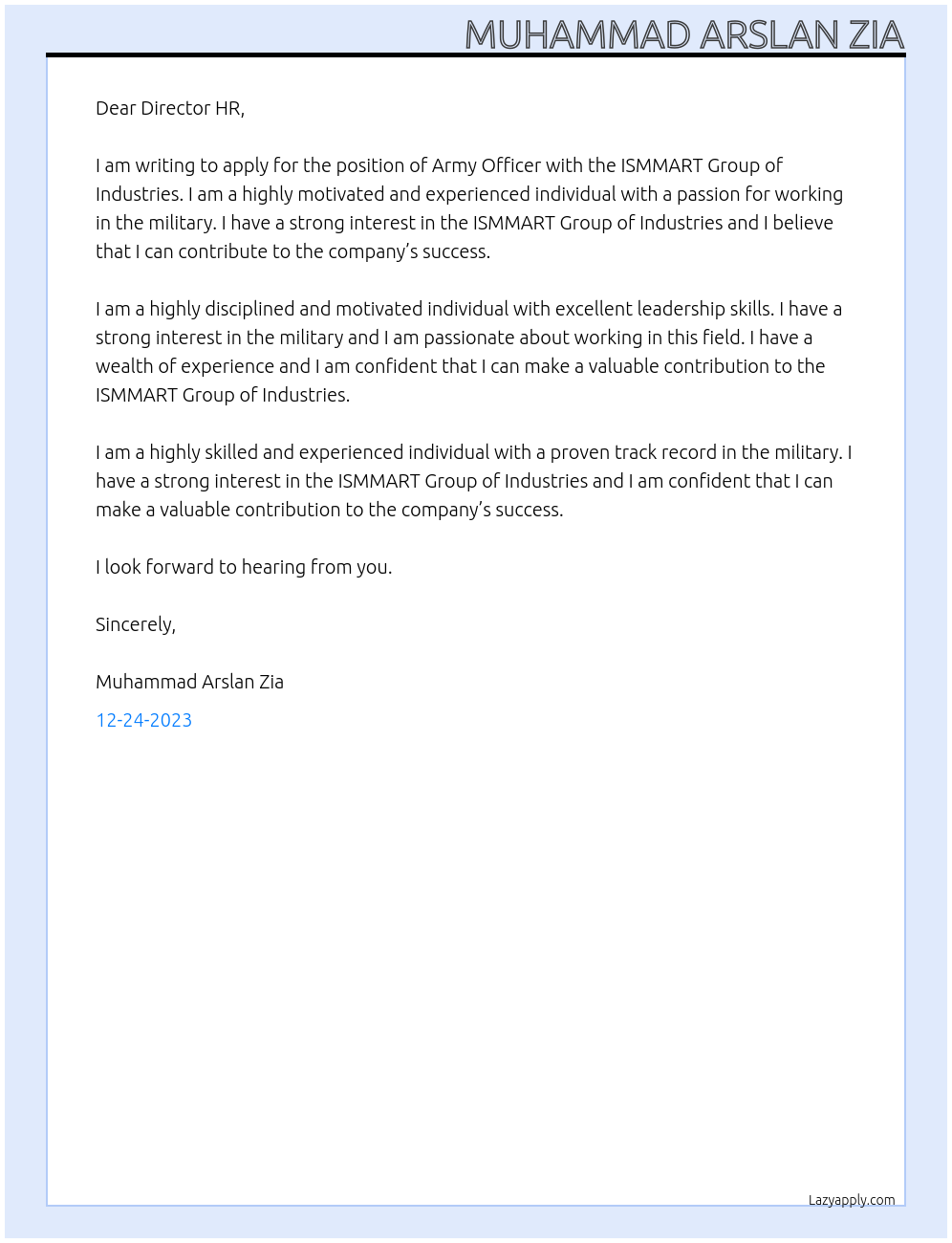 Army Officer At ISMMART Group of Industries Cover Letter