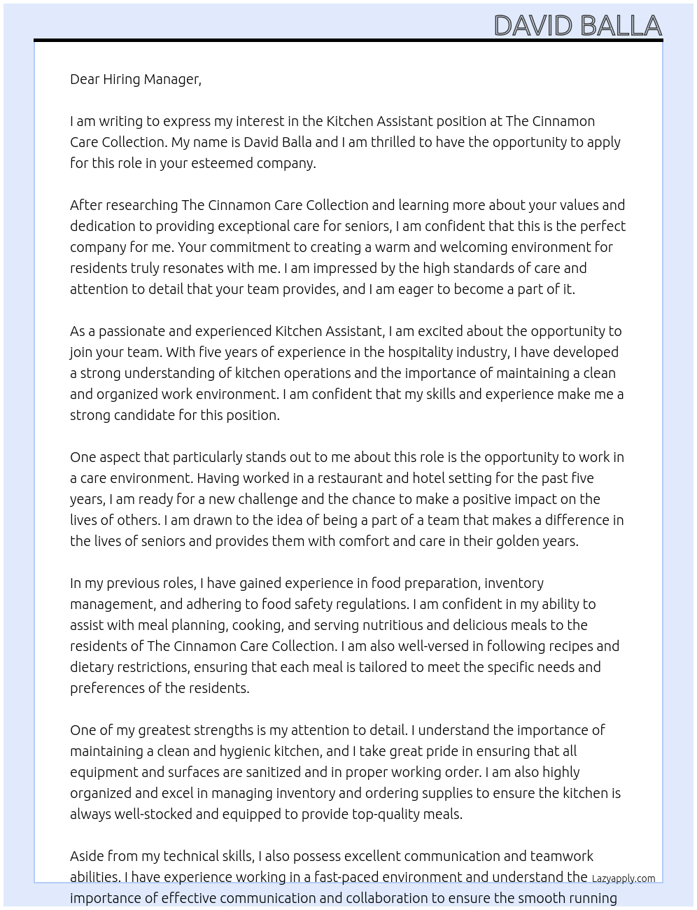 Kitchen Assistant At The Cinnamon Care Collection Cover Letter