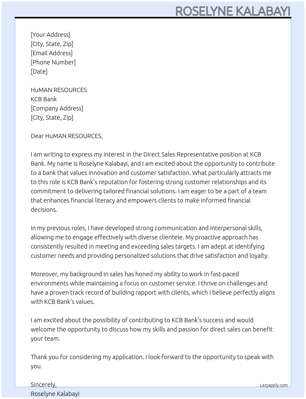 DIRECT SALES REPRESENTATIVES At kcb bank Cover Letter