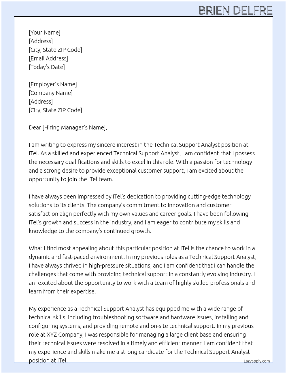 Technical Support Analyst At iTel Cover Letter