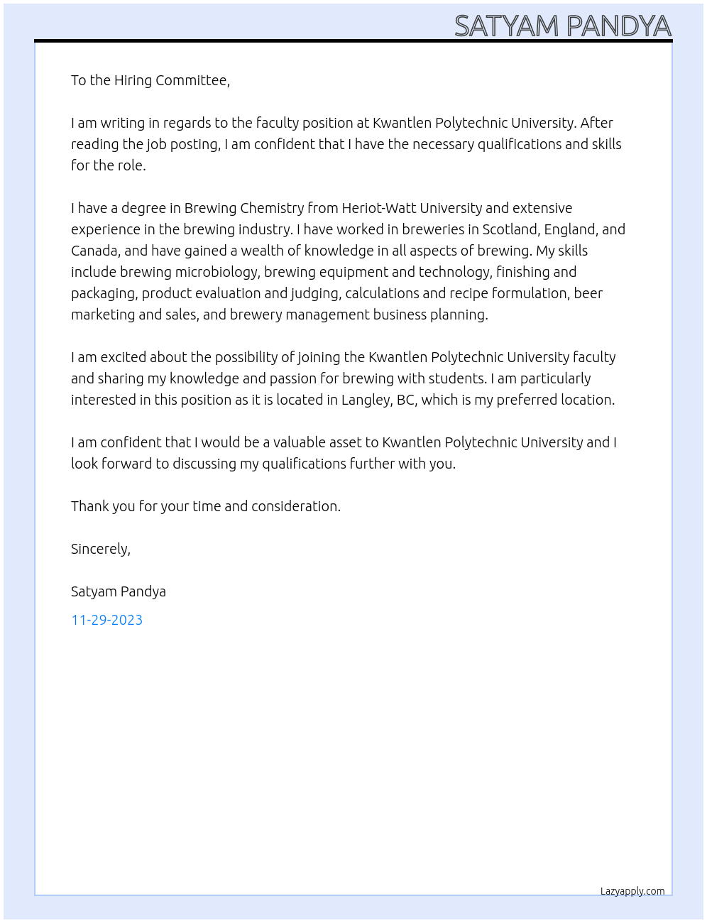 Faculty At Kwantlen Polytechnic University Cover Letter