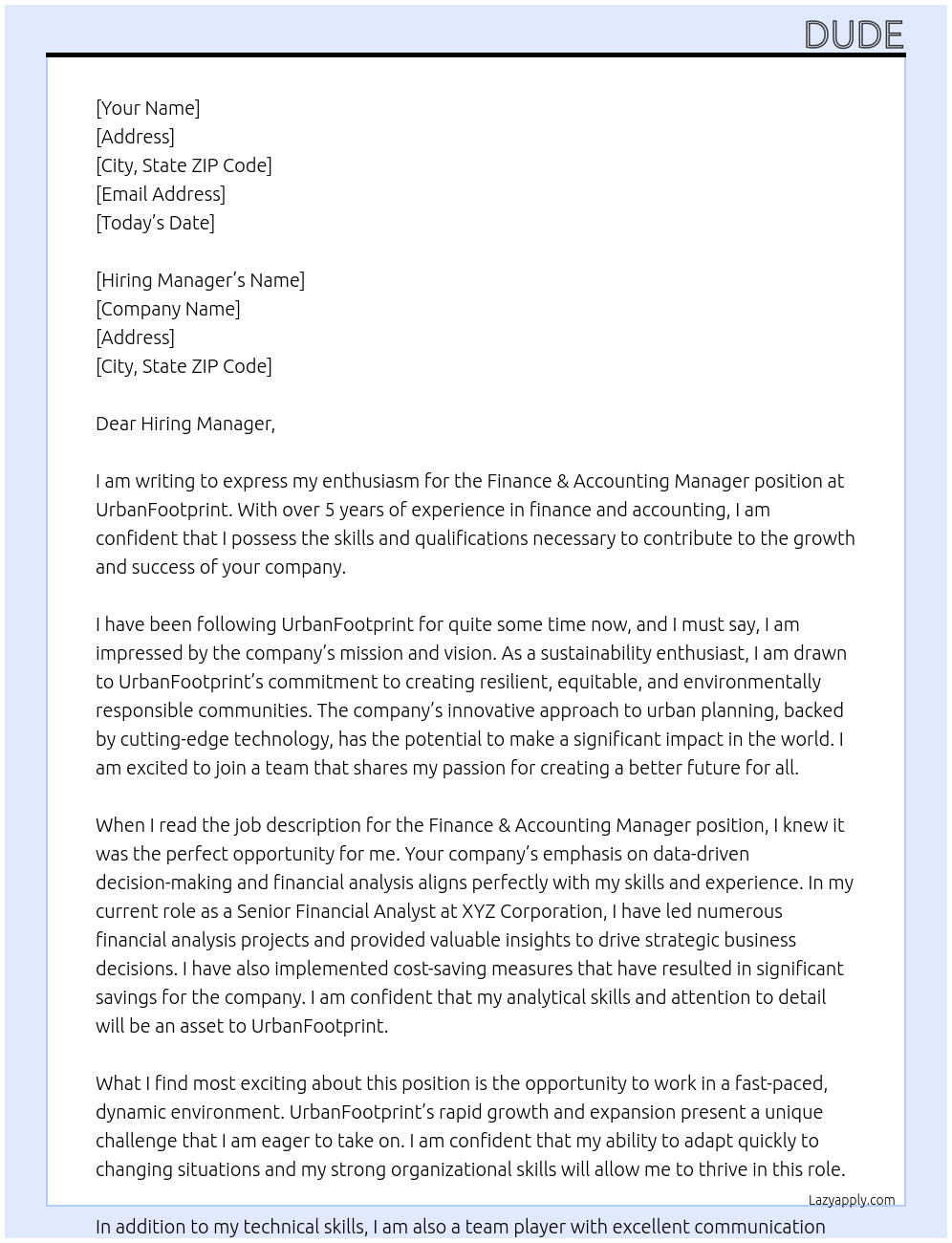 Finance & Accounting Manager At UrbanFootprint Cover Letter