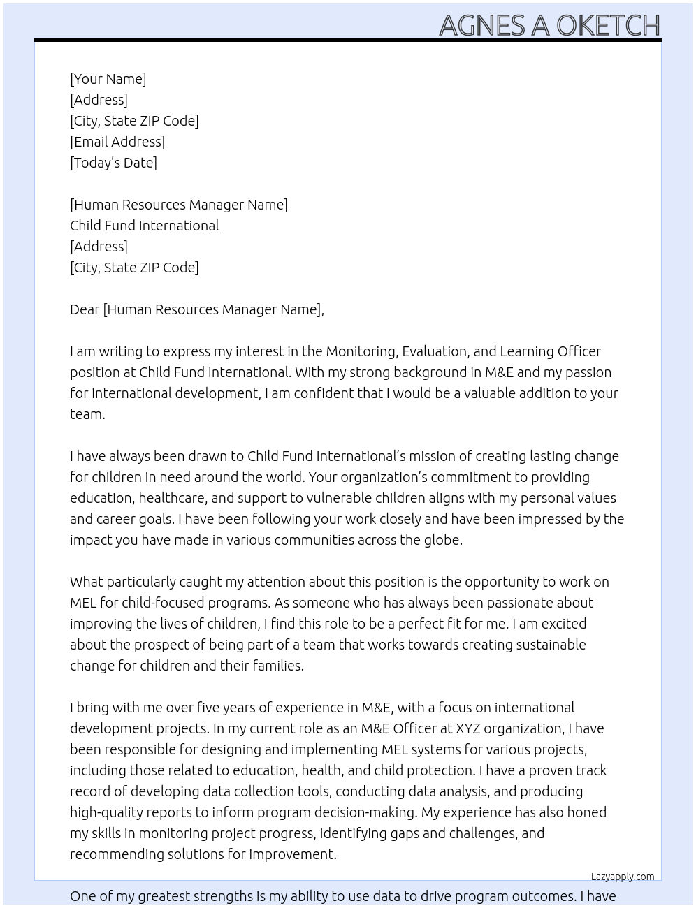 monitoring evaluation and learning officer At child fund international Cover Letter