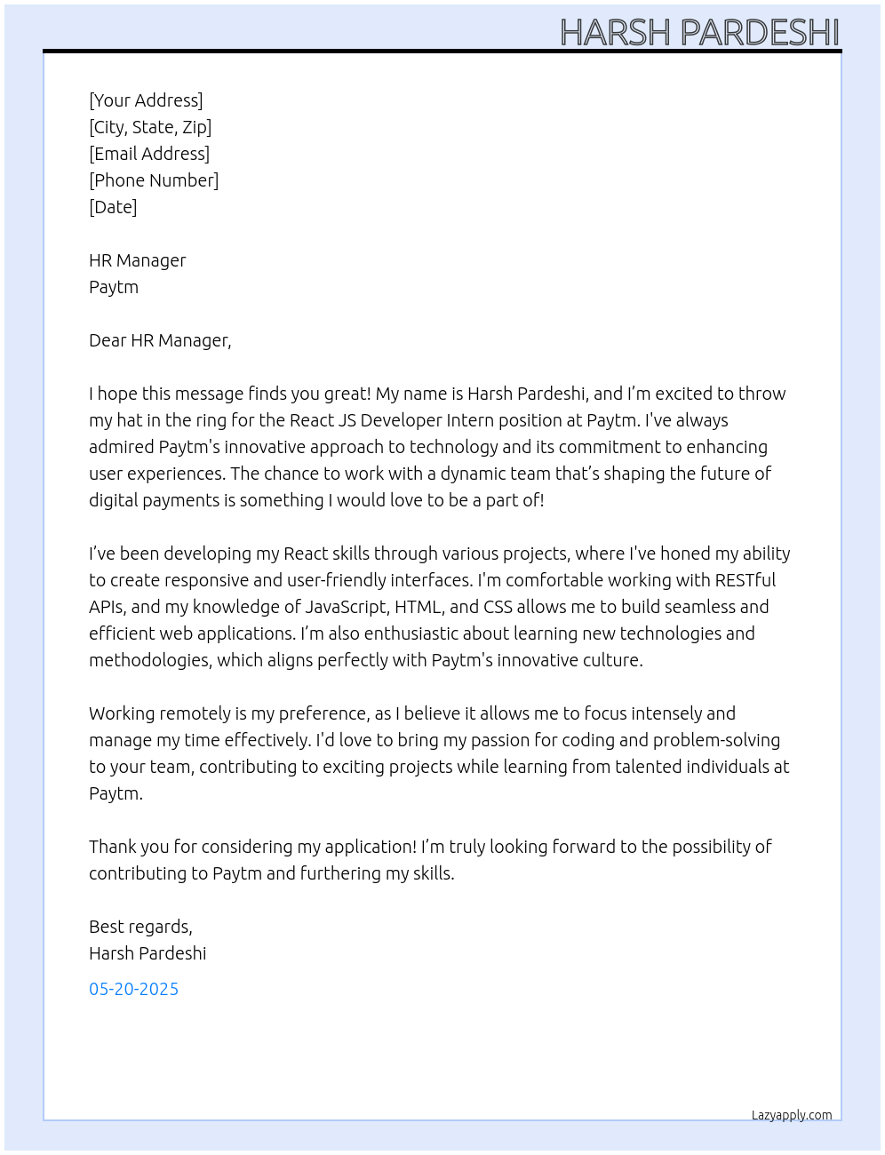 Cover letter for react js developer - LazyApply