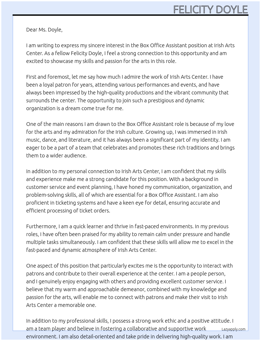 Box Office Assistant At Irish Arts CEnter Cover Letter
