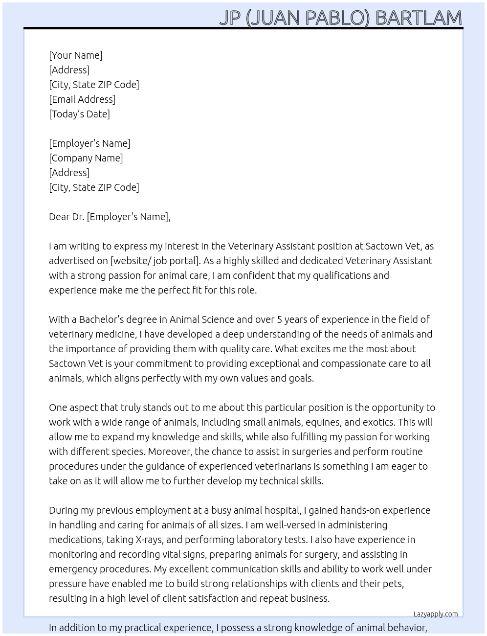 Veterinary Assistant At Sactown Vet Cover Letter