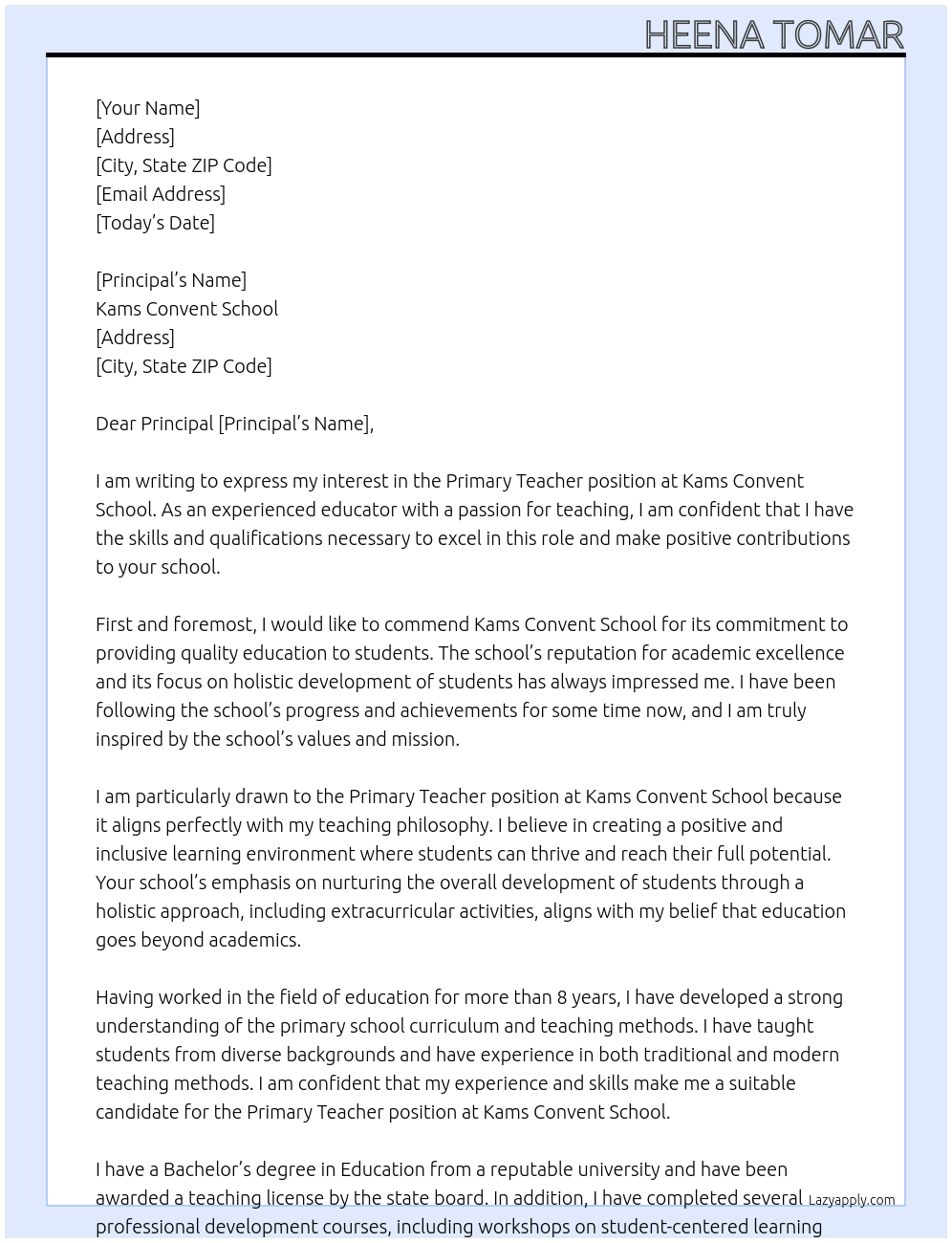 Primary Teacher At Kams Convent School Cover Letter