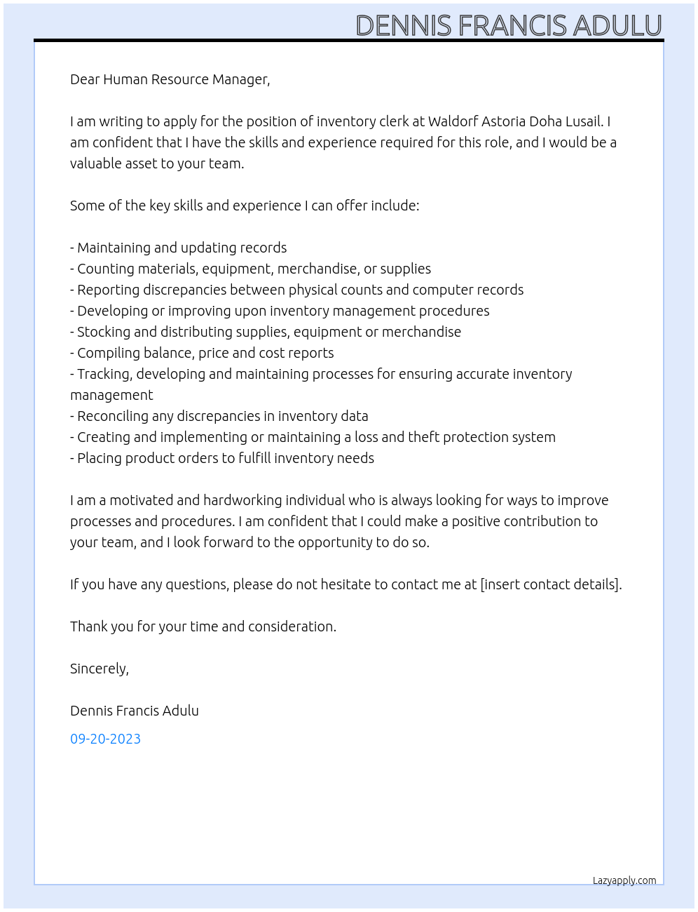 Inventory clerk At Waldorf Astoria Doha Lusail Cover Letter