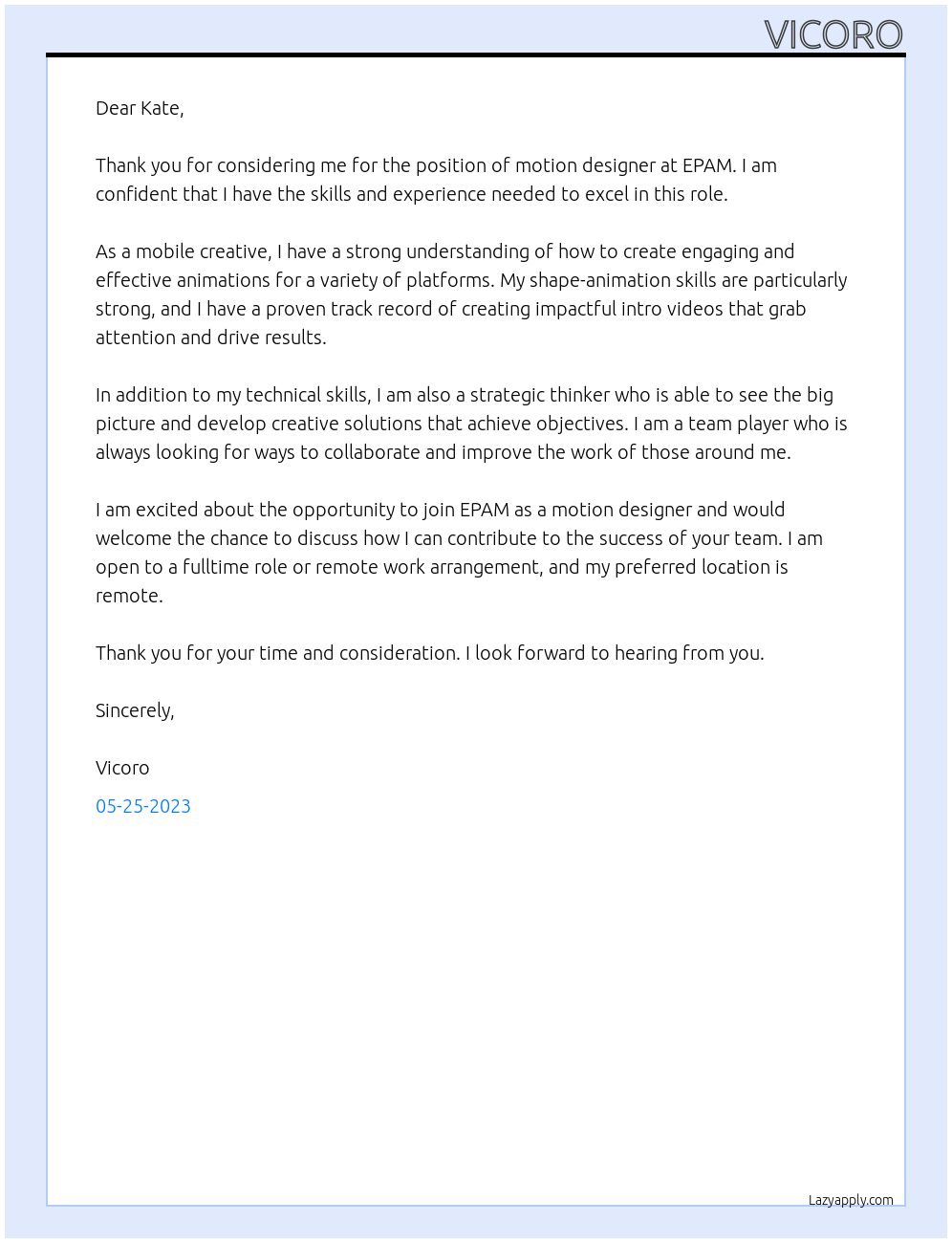motion designer At EPAM Cover Letter