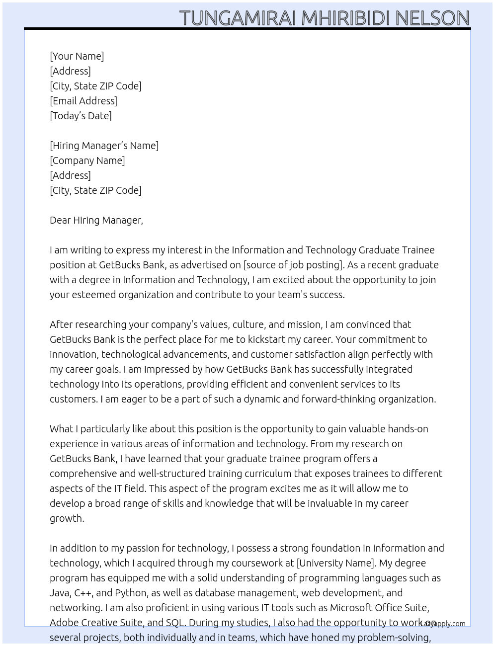 Information and Technology Graduate Trainee At GetBucks Bank Cover Letter