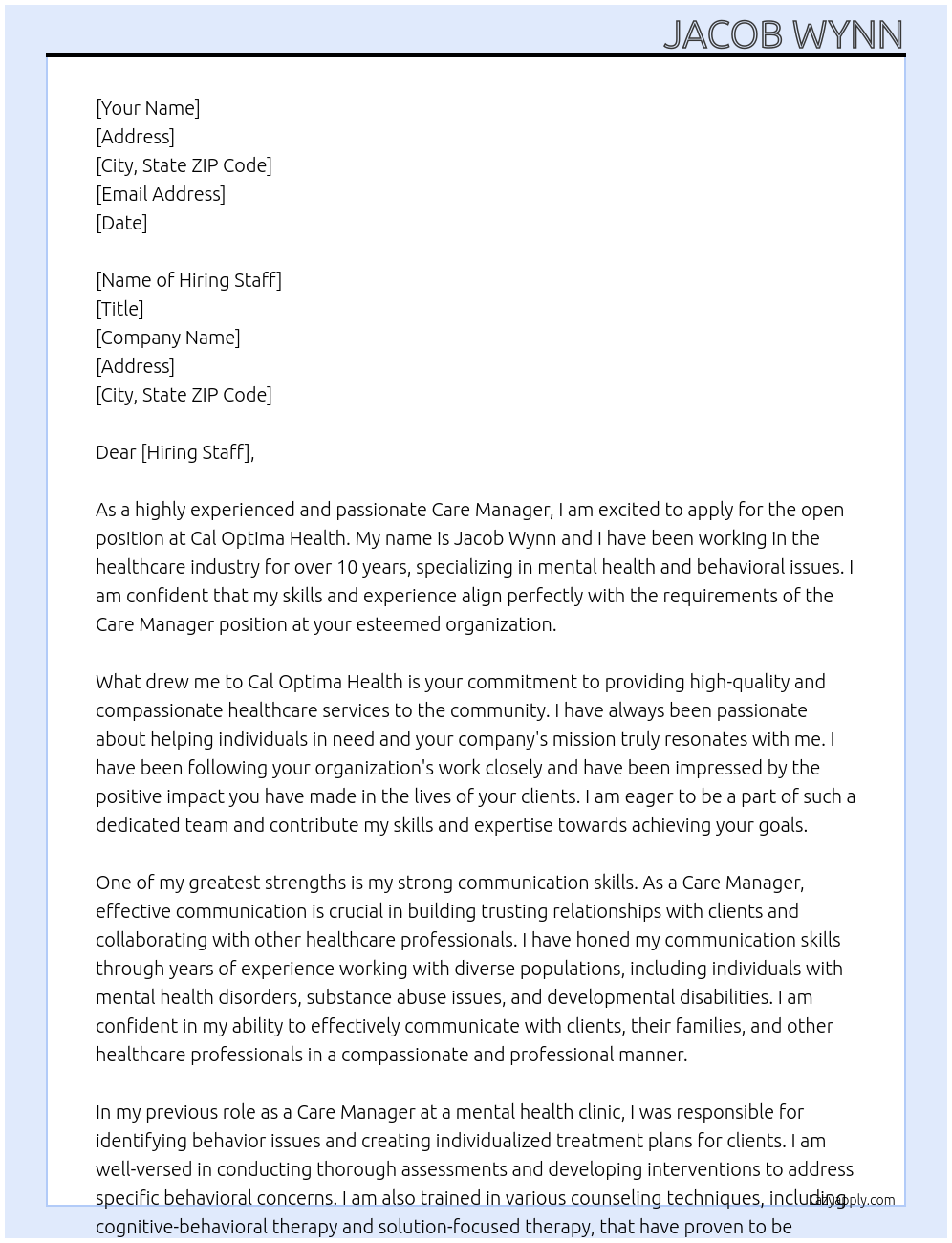 Care manager  At Cal optima health  Cover Letter