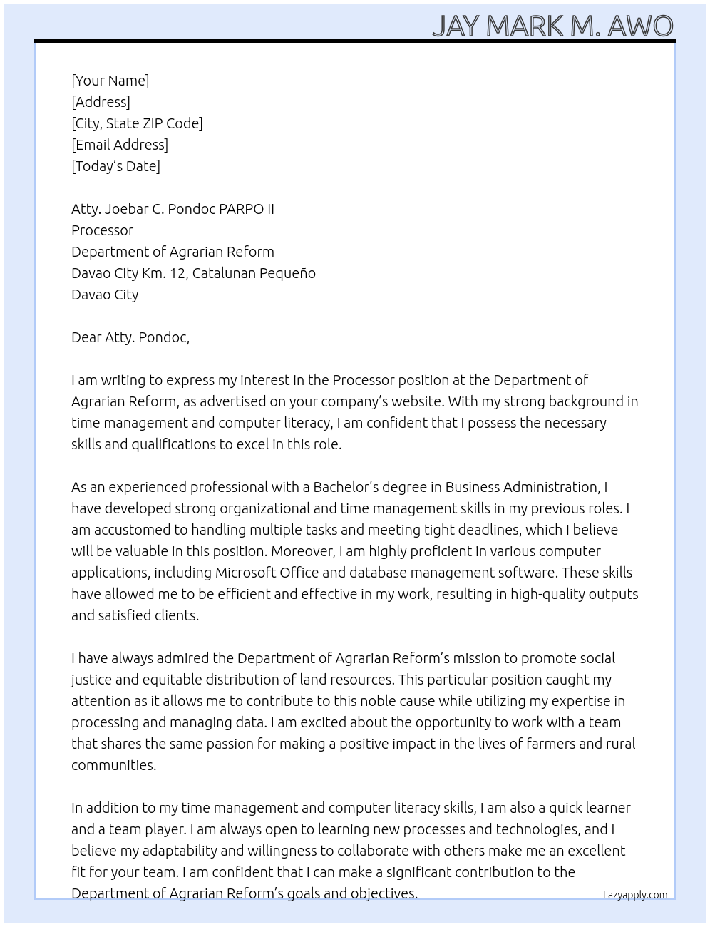 Processor At Department of Agrarian Reform Cover Letter