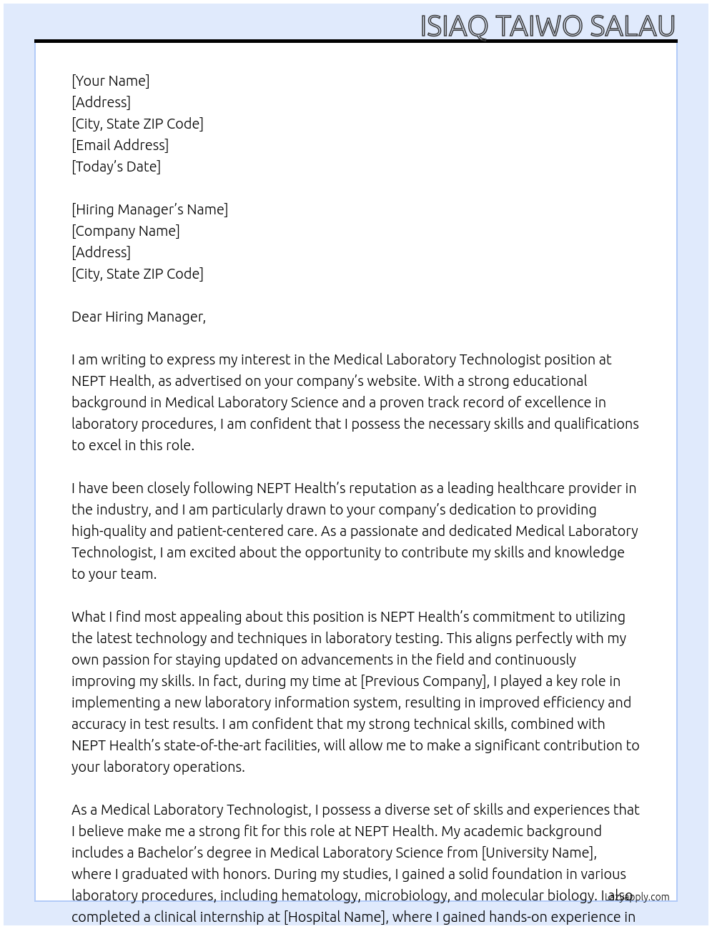 Medical Laboratory Technologist At NEPT HEALTH Cover Letter