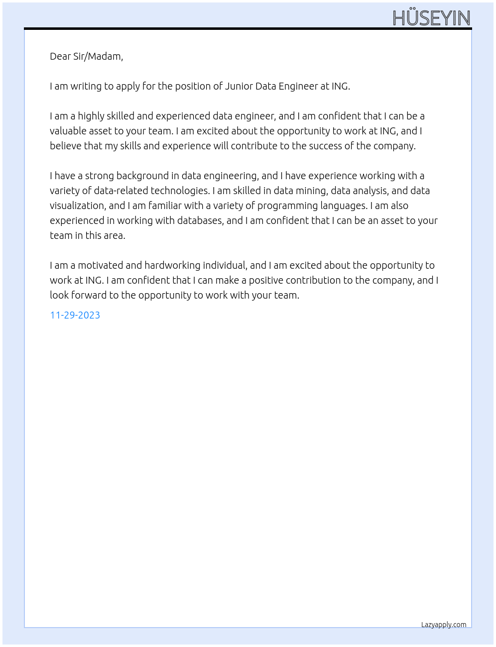 Junior Data Engineer At ING Cover Letter