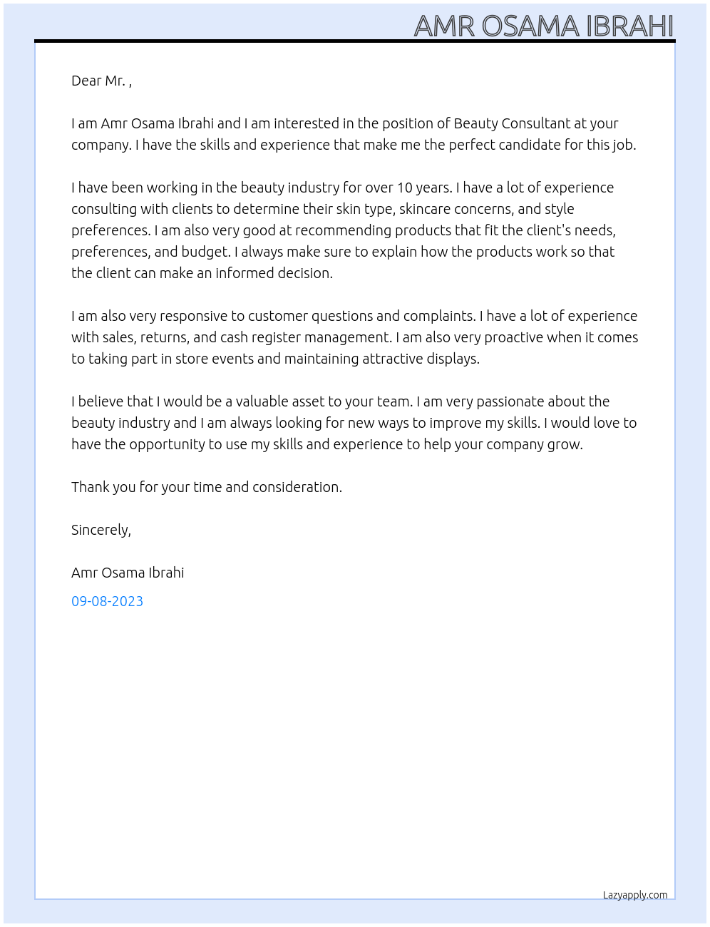 Beauty Consultant At Company  Cover Letter