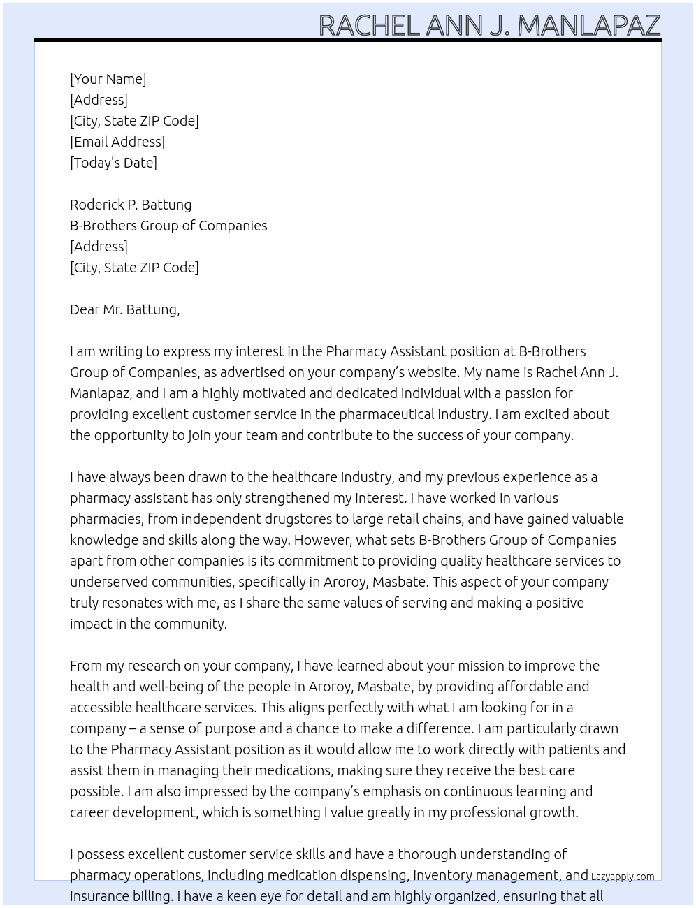 Pharmacy assistant  At B-BROTHERS GROUP OF COMPANIES Cover Letter