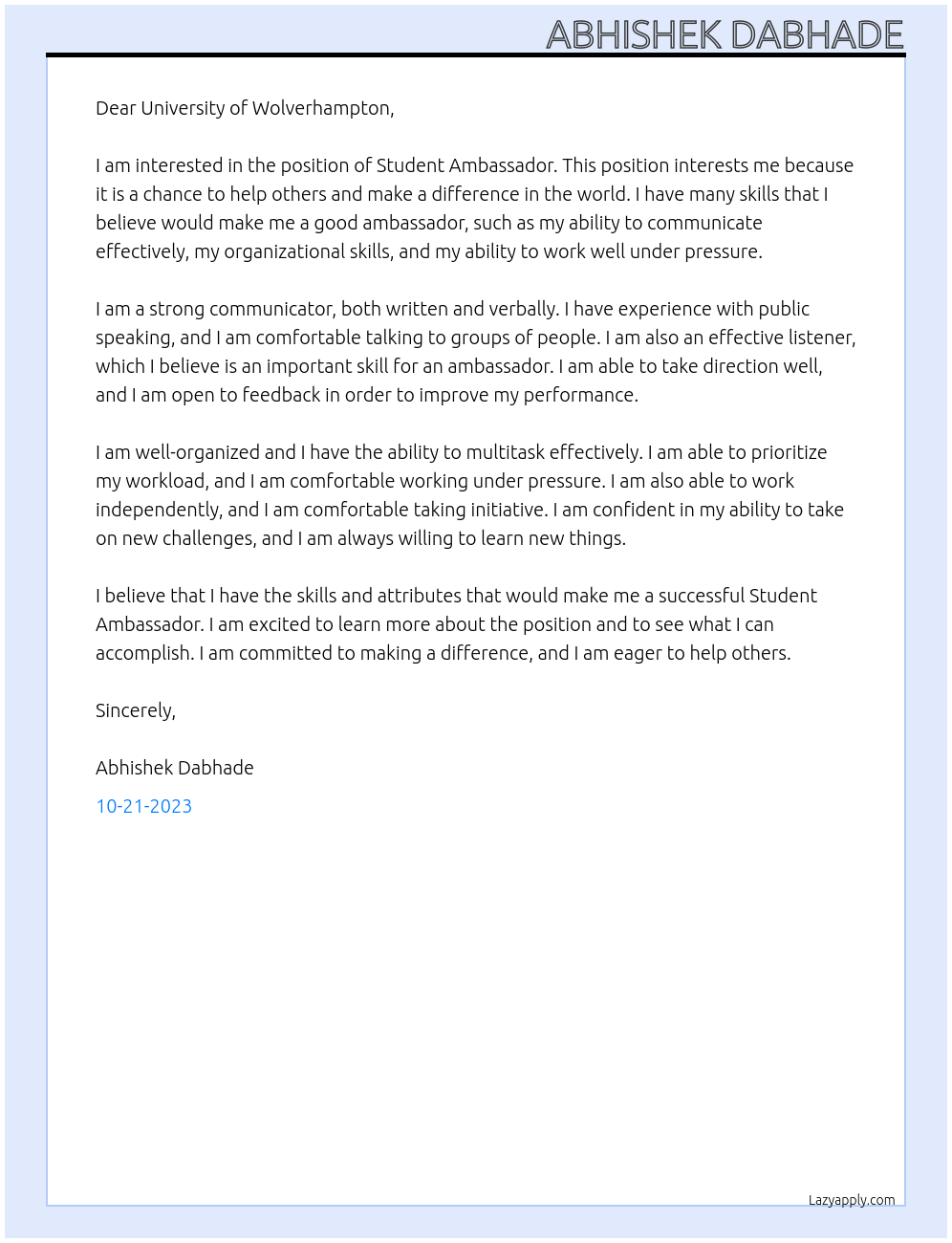 Student Ambassador At University of Wolverhampton Cover Letter