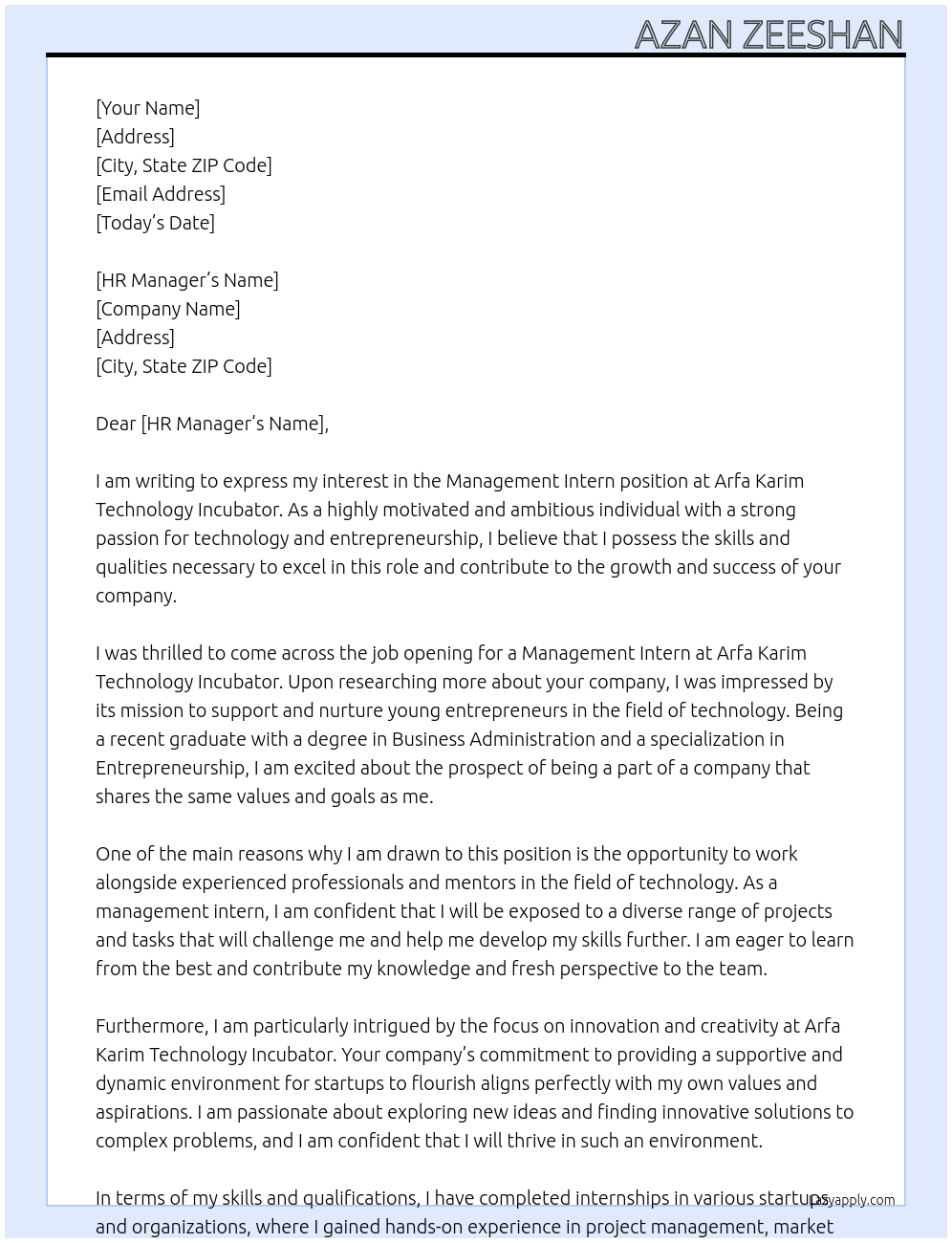 management intern At Arfa Karim technology incubator Cover Letter