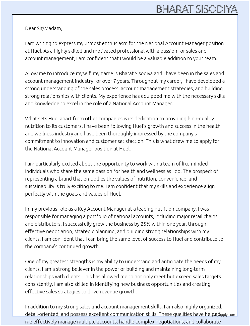 National Account Manager At Huel Cover Letter
