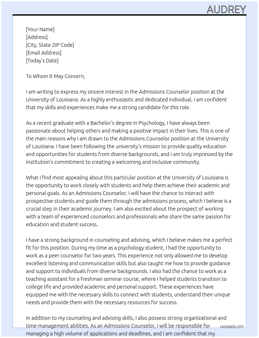 Admissions Counselor At University of Louisiana Cover Letter