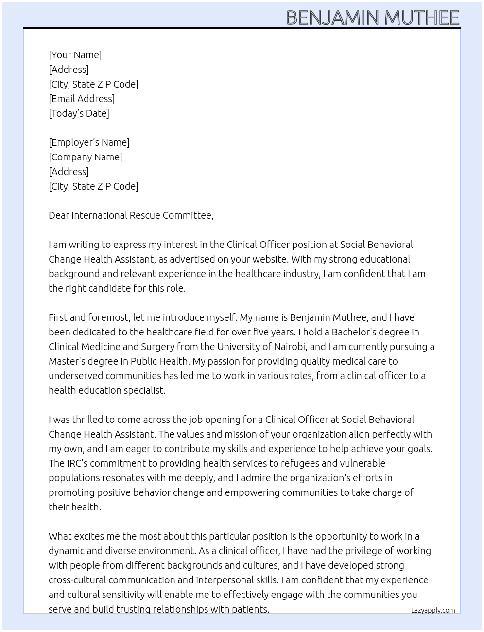 CLINICAL OFFICER At SOCIAL BEHAVIORAL CHANGE HEALTH ASSISTANT Cover Letter