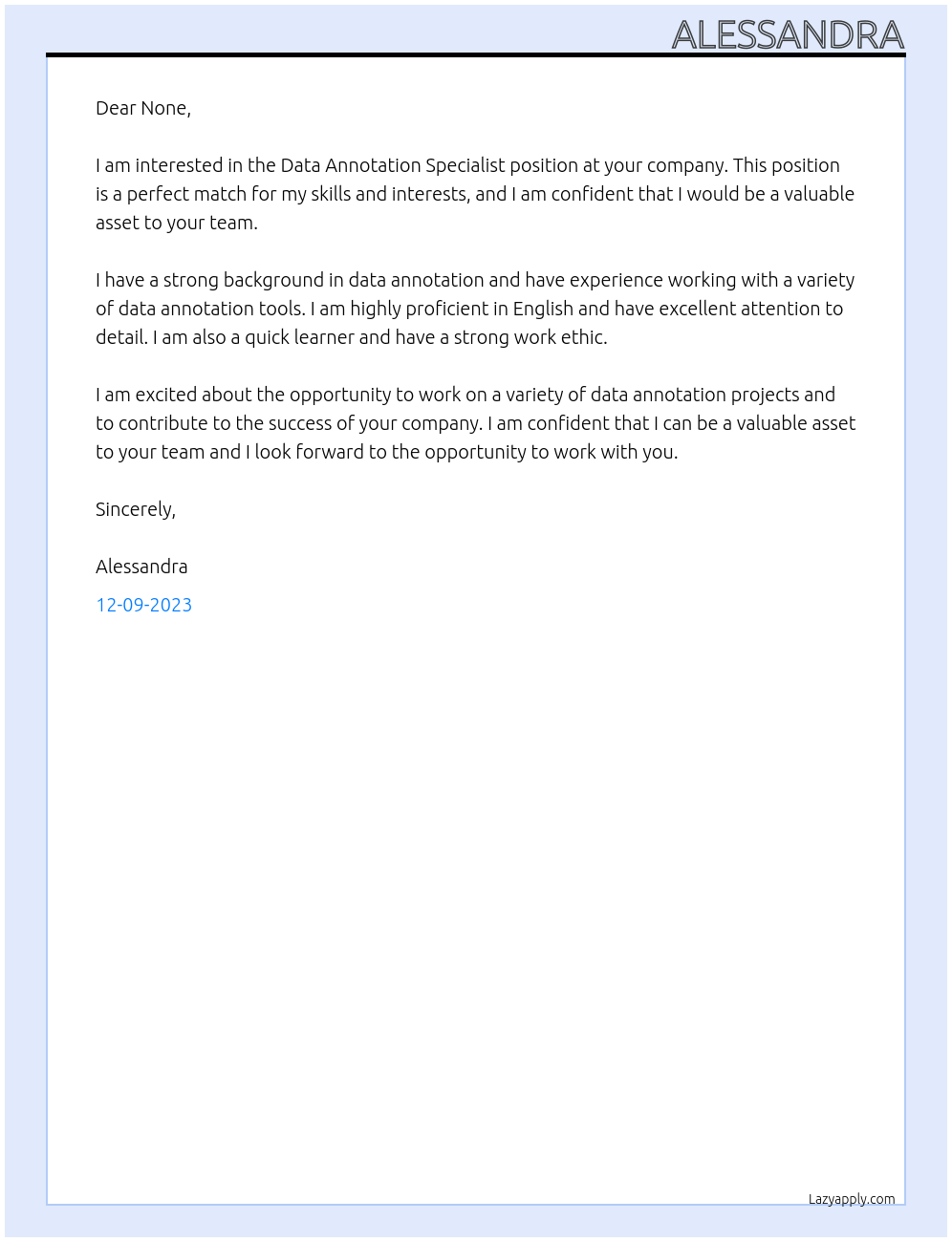 Data Annotation Specialist At None Cover Letter
