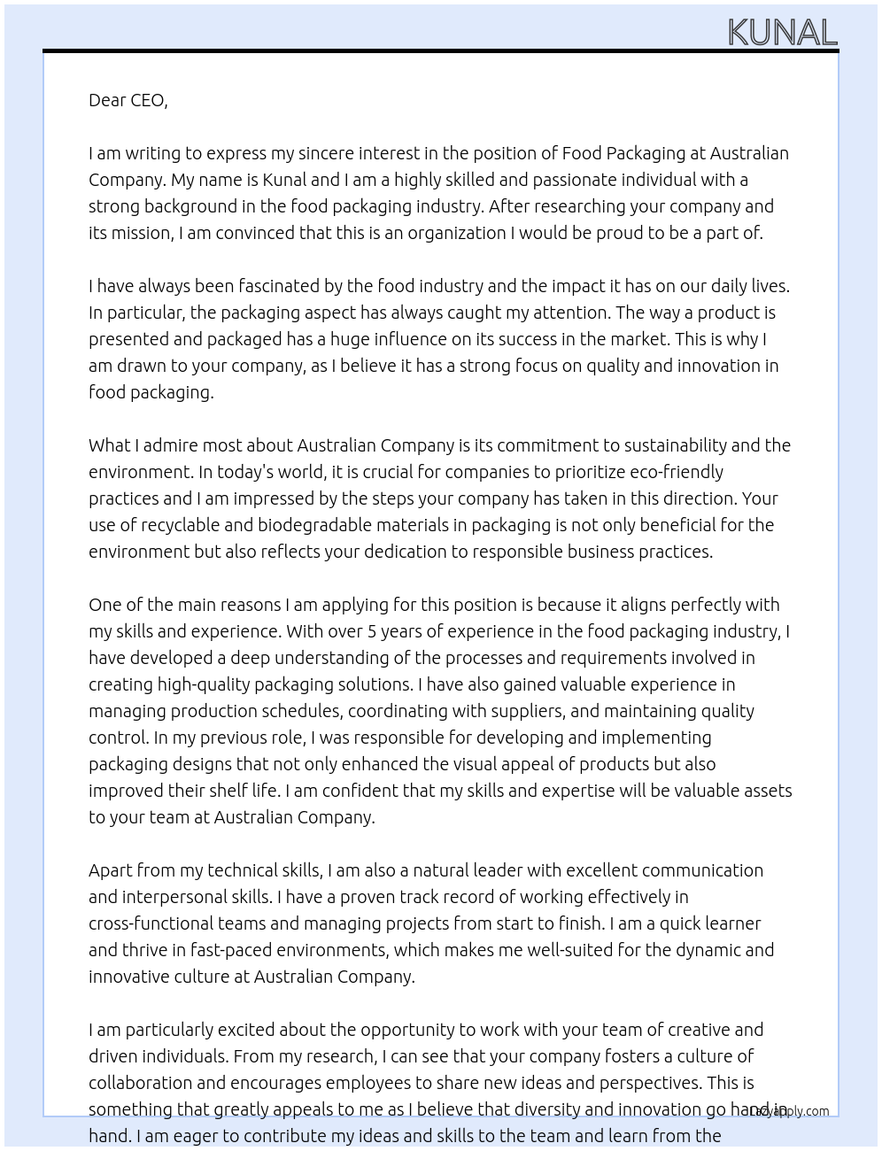 food packaging At AUSTRALIAN COMPANY Cover Letter