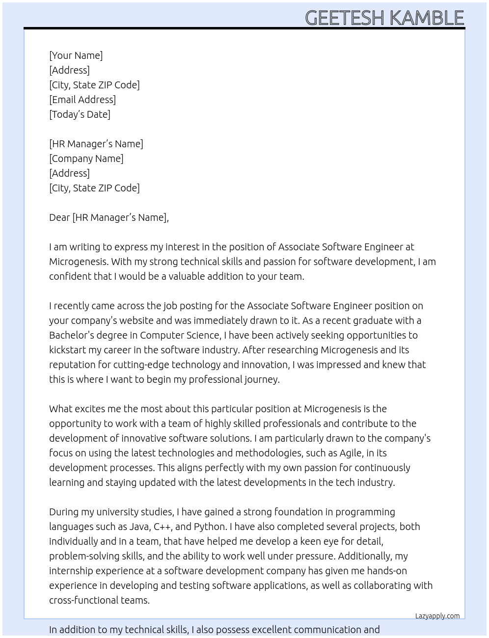 Associate Software Engineer At Microgenesis Cover Letter