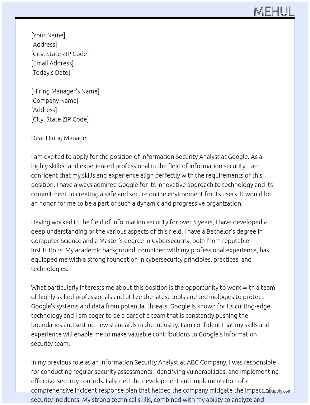 Information Security Analyst At googlw Cover Letter