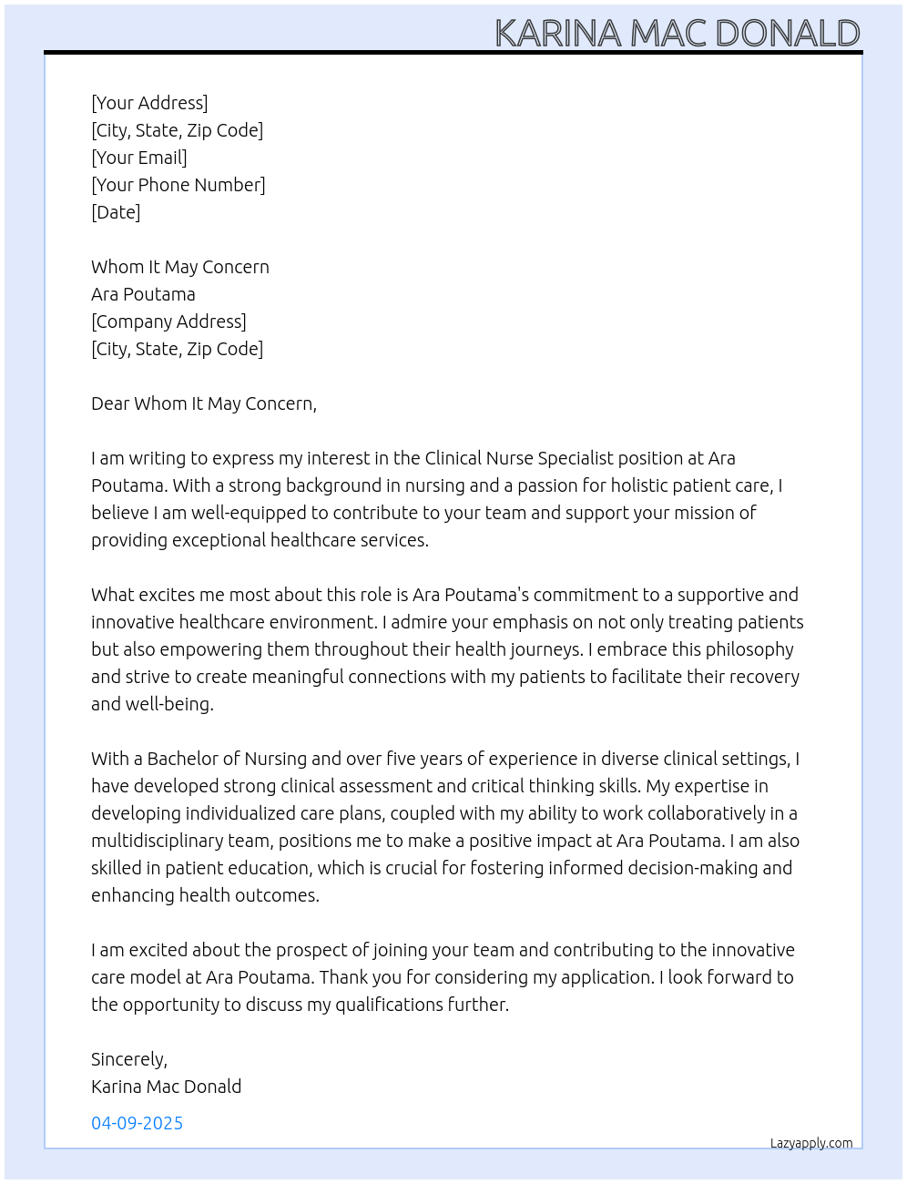 Clinical Nurse specialist At Ara Poutama Cover Letter