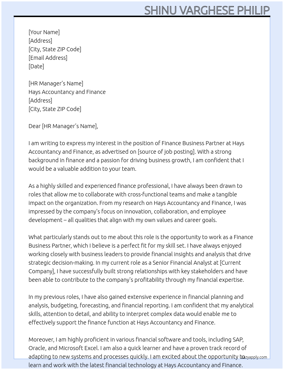 Finance Business Partner At Hays Accountancy and Finance Cover Letter