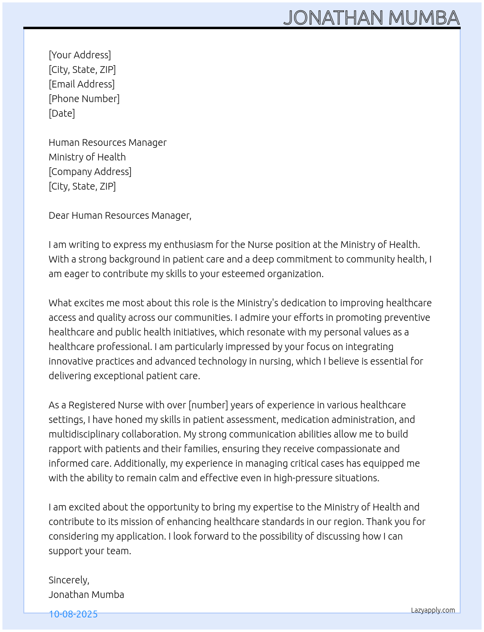 Nurse At Ministry of Health Cover Letter